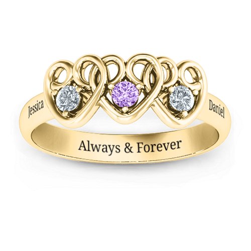 Three's Company Triple Heart Gemstone Ring – 14K Yellow Gold with Cubic Zirconia and Amethyst