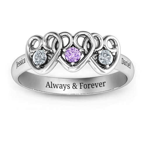 Three's Company Triple Heart Gemstone Ring – Sterling Silver with Cubic Zirconia and Amethyst