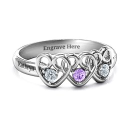 Three's Company Triple Heart Gemstone Ring in 10K Solid White Gold with Cubic Zirconia and Amethyst