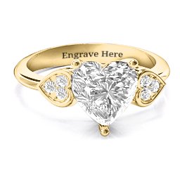 9mm Heart Brilliance Cubic Zirconia Ring with Heart-Set Accents in 10K Solid Yellow Gold with White Premium Zirconia