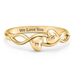 Engravable Initial Heart and Infinity Ring in 18K Gold Plated Silver with Red Premium Zirconia, Amethyst Premium Zirconia, and Amethyst