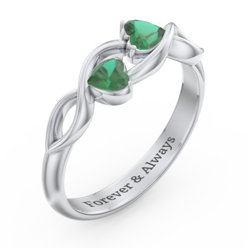 Heavenly Hearts Ring with Heart Birthstones – Sterling Silver with Emerald