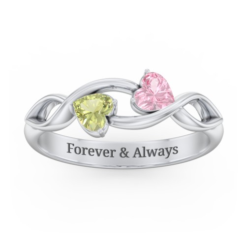 Heavenly Hearts Ring with Heart Birthstones – Sterling Silver with Pink Tourmaline and Peridot