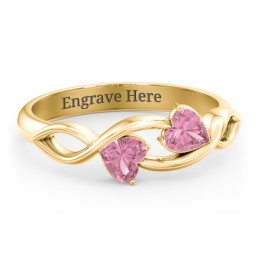 Heavenly Hearts Ring with Heart Birthstones in 10K Solid Yellow Gold with Pink Tourmaline