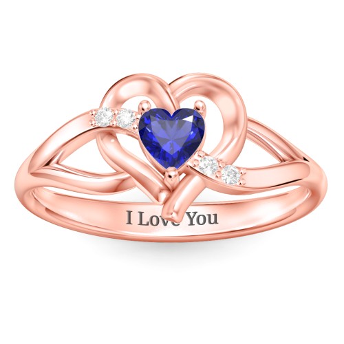 Infinity and Heart Birthstone Ring with Accents – 10K Rose Gold with Blue Sapphire and White Premium Zirconia