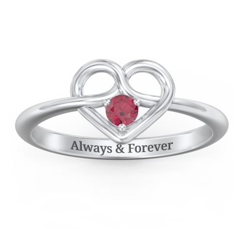 Forget Me Knot Heart Infinity Ring – 10K White Gold with Ruby