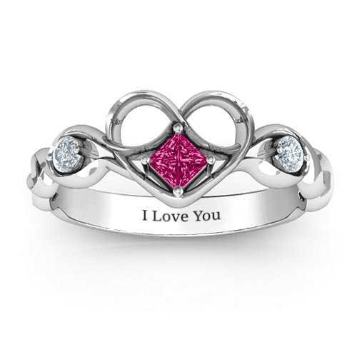 Shimmering Infinity Princess Stone Heart Ring – Sterling Silver with Ruby and Cubic Zirconia
