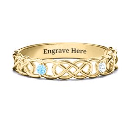 Two-Stone Interwoven Infinity Ring in 14K Solid Yellow Gold with Blue Topaz and Cubic Zirconia
