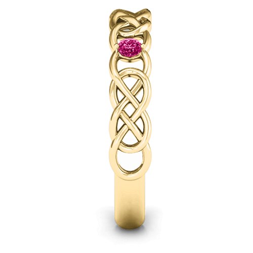 Two-Stone Interwoven Infinity Ring – 10K Yellow Gold with Emerald and Ruby