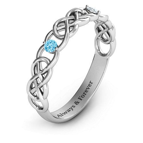 Two-Stone Interwoven Infinity Ring – Sterling Silver with Blue Topaz and Cubic Zirconia