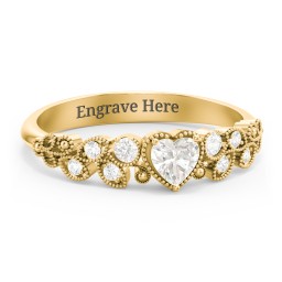 Heart Cut Gemstone Ring with Milgrain and Leaf Detailing in 10K Solid Yellow Gold with Cubic Zirconia and White Premium Zirconia