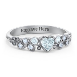 Heart Cut Gemstone Ring with Milgrain and Leaf Detailing in 925 Sterling Silver with Aquamarine and Fancy Blue Premium Zirconia