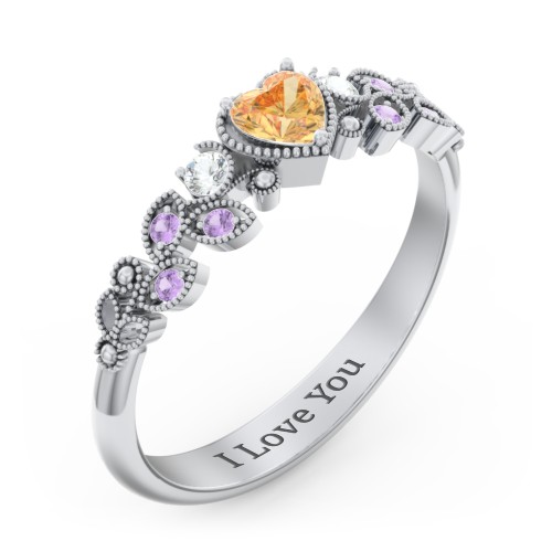 Heart Cut Gemstone Ring with Milgrain and Leaf Detailing