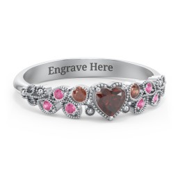 Heart Cut Gemstone Ring with Milgrain and Leaf Detailing in 925 Sterling Silver with Garnet and Red Premium Zirconia