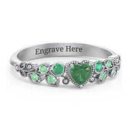 Heart Cut Gemstone Ring with Milgrain and Leaf Detailing in 925 Sterling Silver with Emerald and Green Premium Zirconia