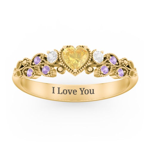 Heart Cut Gemstone Ring with Milgrain and Leaf Detailing – 10K Yellow Gold with Citrine, Cubic Zirconia, and Amethyst Premium Zirconia