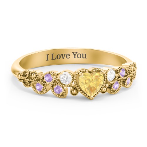 Heart Cut Gemstone Ring with Milgrain and Leaf Detailing – 10K Yellow Gold with Citrine, Cubic Zirconia, and Amethyst Premium Zirconia