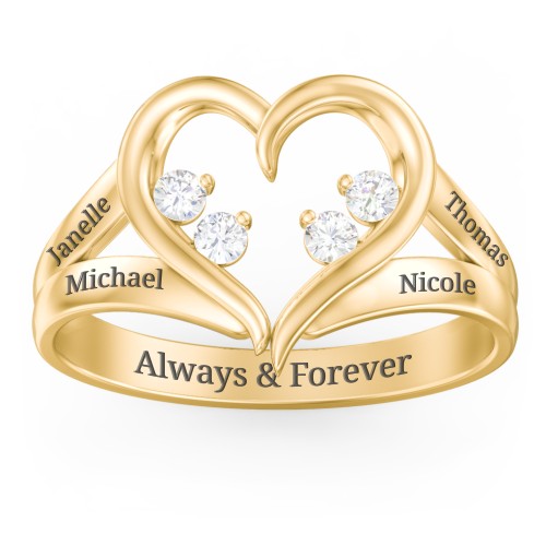 Engravable Split Shank Heart Ring with Gemstones – 10K Yellow Gold with Cubic Zirconia