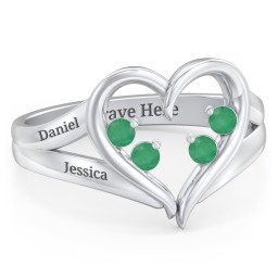 Engravable Split Shank Heart Ring with Gemstones in 925 Sterling Silver with Emerald