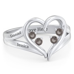 Engravable Split Shank Heart Ring with Gemstones in 925 Sterling Silver with Smokey Quartz