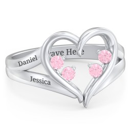 Engravable Split Shank Heart Ring with Gemstones in 925 Sterling Silver with Pink Tourmaline
