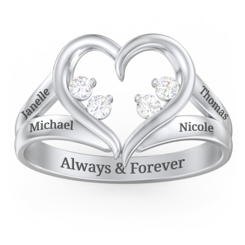 Engravable Split Shank Heart Ring with Gemstones – Sterling Silver with Cubic Zirconia