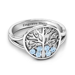 Always Around Love 6 Stone Family Tree Ring in 925 Sterling Silver with Aquamarine
