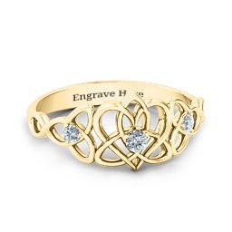 Triple Trinity Celtic Heart Ring in 10K Solid Yellow Gold with Cubic Zirconia