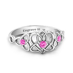 Triple Trinity Celtic Heart Ring in 925 Sterling Silver with Pink Tourmaline