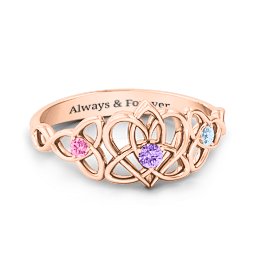 Triple Trinity Celtic Heart Ring in 10K Solid Rose Gold with Amethyst, Pink Tourmaline, and Aquamarine