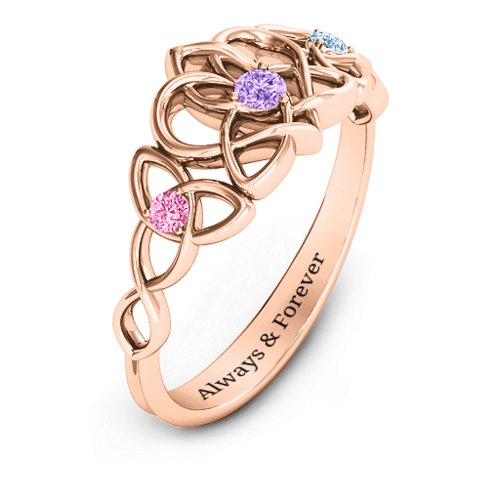 Triple Trinity Celtic Heart Ring – 10K Rose Gold with Amethyst, Pink Tourmaline, and Aquamarine