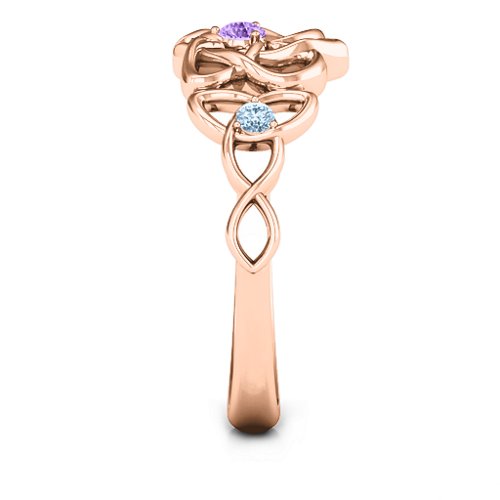 Triple Trinity Celtic Heart Ring – 10K Rose Gold with Amethyst, Pink Tourmaline, and Aquamarine