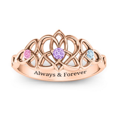 Triple Trinity Celtic Heart Ring – 10K Rose Gold with Amethyst, Pink Tourmaline, and Aquamarine