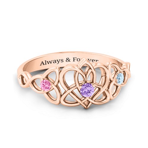 Triple Trinity Celtic Heart Ring – 10K Rose Gold with Amethyst, Pink Tourmaline, and Aquamarine