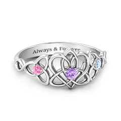 Triple Trinity Celtic Heart Ring – Sterling Silver with Amethyst, Pink Tourmaline, and Aquamarine