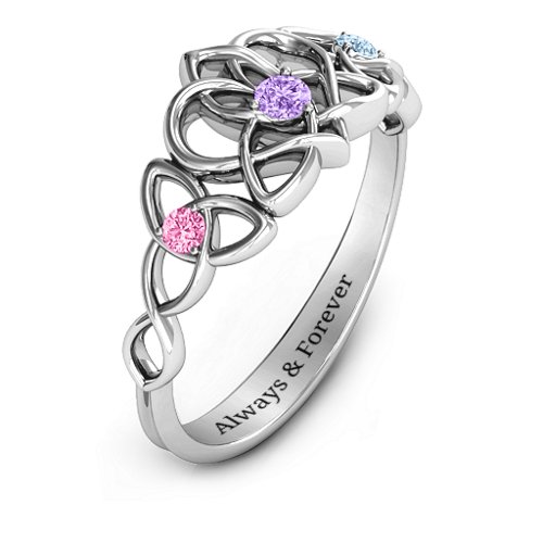 Triple Trinity Celtic Heart Ring – Sterling Silver with Amethyst, Pink Tourmaline, and Aquamarine