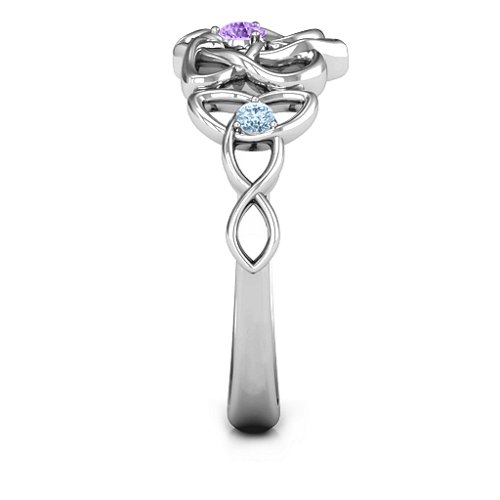 Triple Trinity Celtic Heart Ring – Sterling Silver with Amethyst, Pink Tourmaline, and Aquamarine