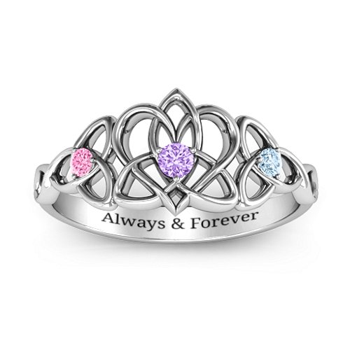 Triple Trinity Celtic Heart Ring – Sterling Silver with Amethyst, Pink Tourmaline, and Aquamarine