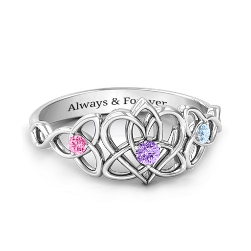 Triple Trinity Celtic Heart Ring – Sterling Silver with Amethyst, Pink Tourmaline, and Aquamarine