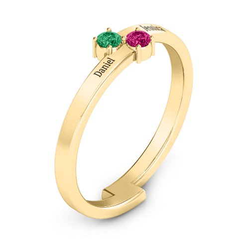 Diagonal Dazzle Ring With 2-3 Gemstones – 10K Yellow Gold with Emerald and Ruby