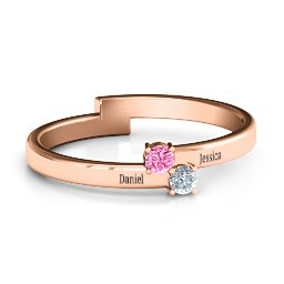 Diagonal Dazzle Ring With 2-3 Gemstones in 10K Solid Rose Gold with Pink Tourmaline and Cubic Zirconia
