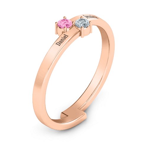 Diagonal Dazzle Ring With 2-3 Gemstones – 10K Rose Gold with Pink Tourmaline and Cubic Zirconia