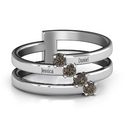 Diagonal Dazzle Ring With 4-5 Gemstones in 925 Sterling Silver with Smokey Quartz and Ruby