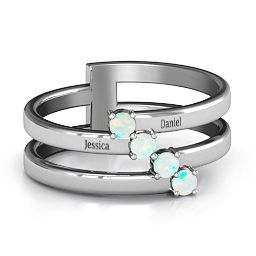 Diagonal Dazzle Ring With 4-5 Gemstones in 925 Sterling Silver with Opal and Ruby