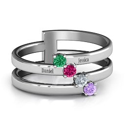 Diagonal Dazzle Ring With 4-5 Gemstones in 925 Sterling Silver with Emerald, Ruby, Cubic Zirconia, and Amethyst