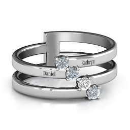 Diagonal Dazzle Ring With 4-5 Gemstones in 925 Sterling Silver with Cubic Zirconia, White Premium Zirconia, and Ruby