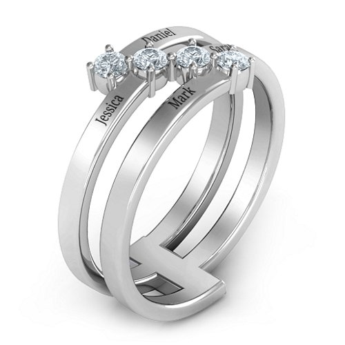 Diagonal Dazzle Ring With 4-5 Gemstones – Sterling Silver with Cubic Zirconia