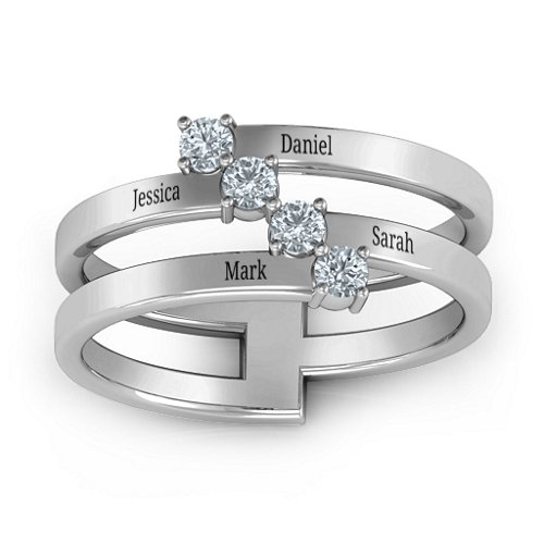 Diagonal Dazzle Ring With 4-5 Gemstones – Sterling Silver with Cubic Zirconia