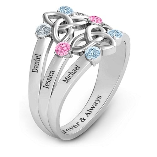 Celtic Celebration Ring – Sterling Silver with Cubic Zirconia, Pink Tourmaline, and Aquamarine