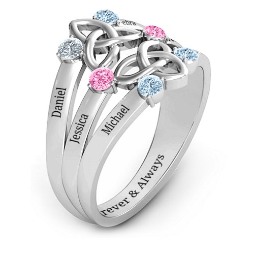 Celtic Celebration Ring – Sterling Silver with Cubic Zirconia, Pink Tourmaline, and Aquamarine